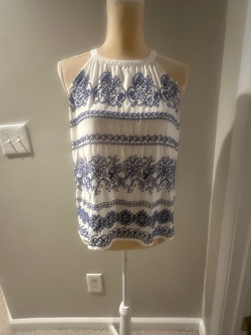 LOFT White Halter Camisole with Blue Embroidered Floral Stripes